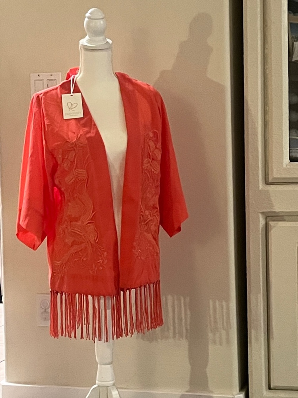 Coral Embroidered Fringe Kimono by Piarossini NWT